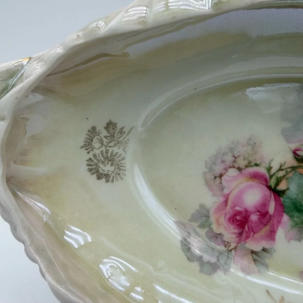 VTG German Porcelain Oval Celery Dish / Relish Tray Pink Roses and Gold accents